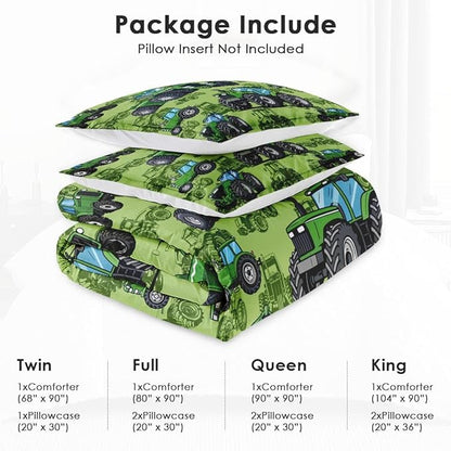 Queen Size Car Comforter Set with 2 Pillowcase, Farm Tractor Summer Soft Green 3 Pcs Bedding for Kids and Adults, Plant Dirt Wheel Comforter Set for Room Bedroom Bed Decor