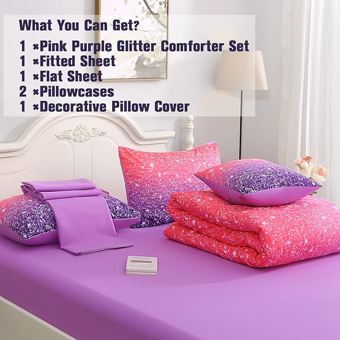 6Pcs Glitter Comforter Set with Sheets for Teens Girls Kids, Colorful Gradient Glitter Themed Bed in a Bag Twin Size, Pink Purple 3D Sparkly Galaxy Bedroom Decor Bedding Set