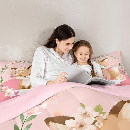 Feelyou Girls Cartoon Fox Comforter Set Cute Fox Bedding Set for Kids Boys Girls Kawaii Animal Duvet Set Botanical Floral Comforter 1 Comforter Set with 2 Pillowcases Full Size