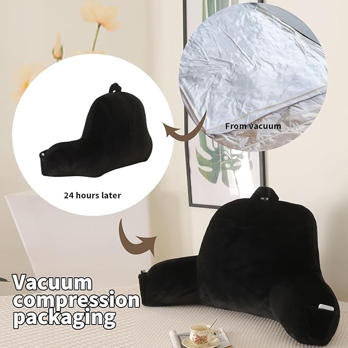 Reading Pillow for Sitting in Bed, Large Backrest Reading Pillow with Arm Rest,Back-Rest Support Cushion for Sit Up on Couch, Sofa, and Floor, Dorm Essentials (Black Faux Fur, Large(19"))