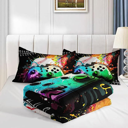 Kids Comforter Set Gamepad Baseball Printed Pattern Bedding Set with 1 Comforter and 2 Pillowcases for Girls Boys Bedroom All Season(Gamepad Baseball Queen)