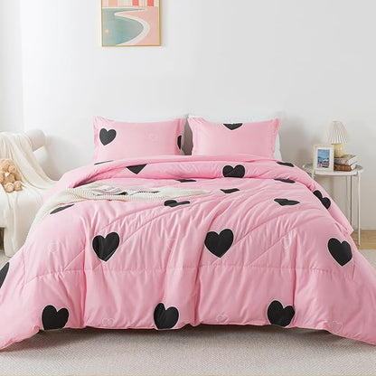 Caressma Blush Pink Love Comforter Set Queen Size, Cute Heart Pattern Bedding Comforter for Girls Women, 3 Pieces Soft Microfiber Fluffy Lovely Comforter Set for All Seasons Room Decor