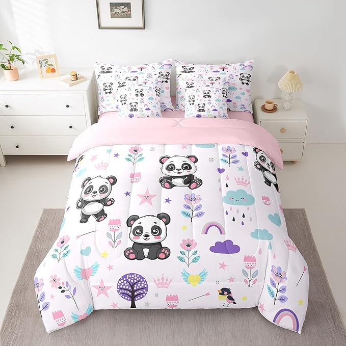 Erosebridal Full Comforter Set for Kids,7 Pieces Floral Panda Bedding Sets Full Bed in a Bag,Reversible Cartoon Animal Bed Set,Cute Flower Comforter, Sheets, Pillowcases and Cushion Cases