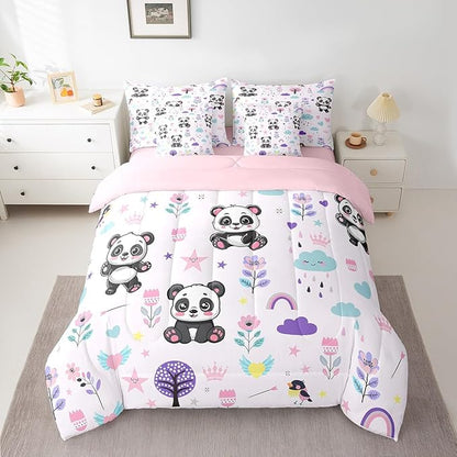 Erosebridal Queen Comforter Set for Kids,7 Pieces Floral Panda Bedding Sets Queen Bed in a Bag,Reversible Cartoon Animal Bed Set,Cute Flower Comforter, Sheets, Pillowcases and Cushion Cases