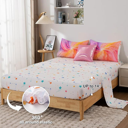 A Nice Night 6Pcs Swirling Stars Gradient Glitter Comforter Set for Girls Full Size, Colorful Rainbow Galaxy Comforter Set, Ultra Soft Bedding Sets (Purple-Pink, Full 6Pcs)