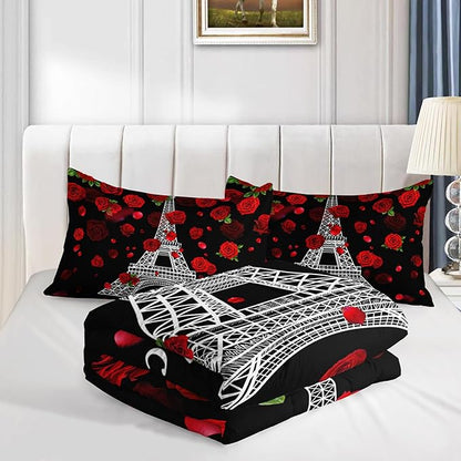 Eiffel Tower Comforter Set Twin Size Girls Red Rose Paris Bedding Set Romantic Theme Decor Adult Women Couple Quilted Bed Set with 1 Comforter and 2 Pillowcases