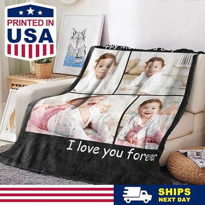 Yoke Style Ships Next Day, Mothers Day Blanket Gifts Custom Blanket with Photos Text, Picture Blankets Customized, Personalized Blankets and Throws Birthday Gifts for Mom Dad Girlfriend Women