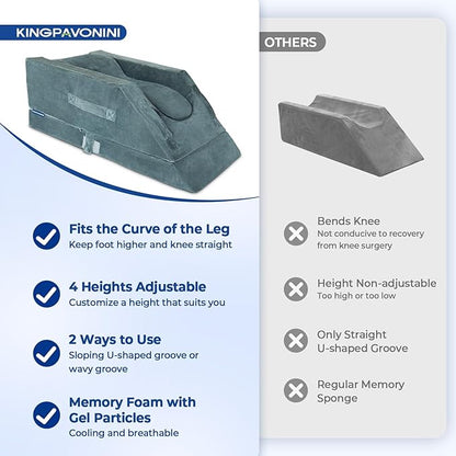 KingPavonini 4 Height-Adjustable Leg Elevation Pillows for After Surgery with Ergonomic Curve, Memory Foam Wedge Pillow for Legs Swelling and Pain Relief, Knee Replacement Recovery Aids (Single Leg)