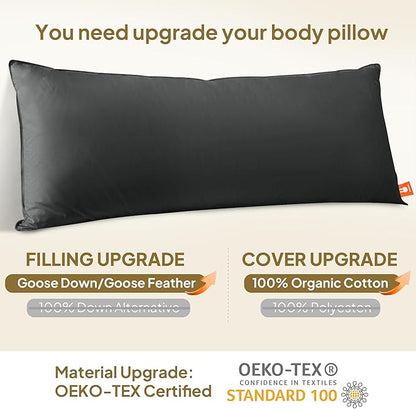 Goose Down Body Pillows for Adults, Large Body Pillow for Side Sleeper, Hugging Feather Body Pillow Insert, Cooling Full Length Long Pillow for Bed with 100% Organic Cotton Shell, Black 20"x72"