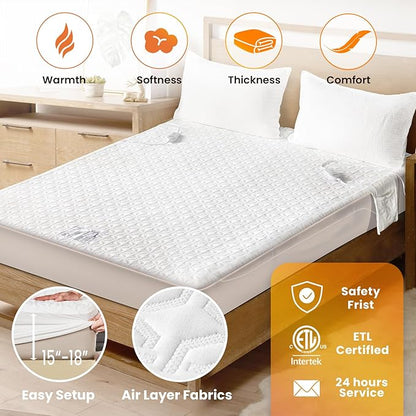 Electric Heated Mattress Pad King Size Dual Control Bed Warmer, Deep Pocket, Side Storage Pouch for Controller, Machine Washable, 3D Air Layer Fabric, 78"x80", White