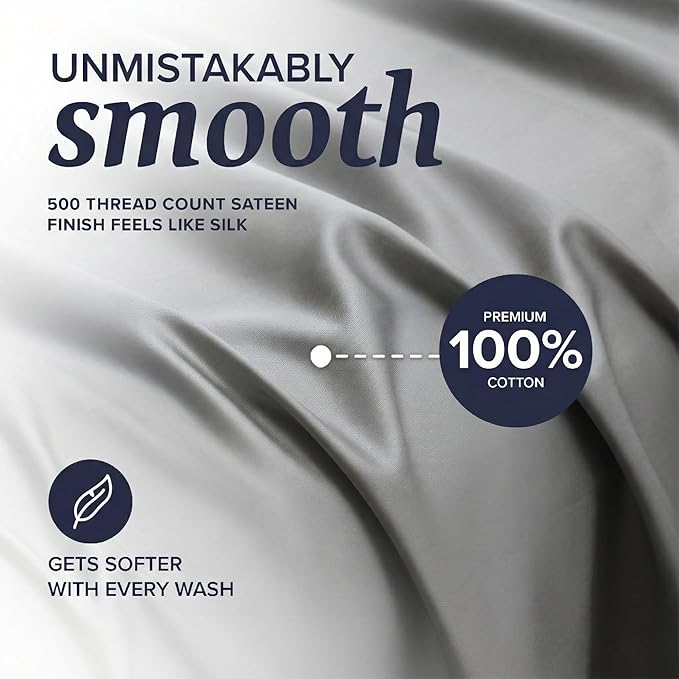 Beckham Hotel Collection King Sheet Set 100% Cotton, 500TC Luxury Sateen Bedding, 16” Deep Pocket, Moisture-Wicking, 4-Piece, Dark Gray
