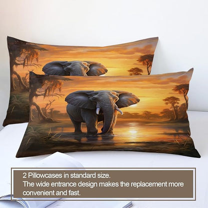 African Elephant Duvet Cover Queen Size, Sunset Wade Elephant Bedding Set 3 Piece Bedroom Decor Tropical Wildlife Patterned Comforter Cover with Zipper Ties & 2 Pillowcases