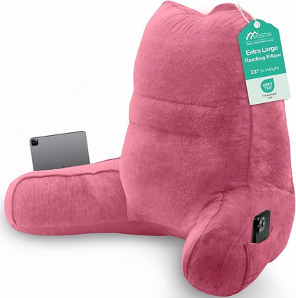 Sasttie Reading Pillow for Bed - 23 Inch, Back Pillow for Bed Sitting Up, Back-Rest Support Cushion with Side Pockets and Arms, Dorm Essentials, Oeko-Tex Certified, Rose Pink