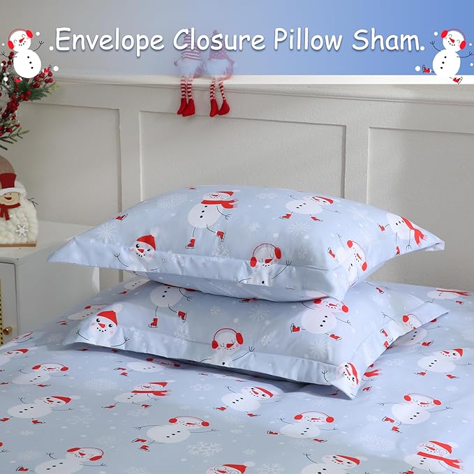 JSD Snowman Kids Duvet Cover Set Twin Size, 2 Piece Blue Printed Christmas Microfiber Comforter Cover with Pillow Sham Zipper Closure, Comforter Not Included