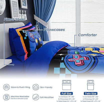 SANDJEST Gamer Comforter Sets for Boys, Ultra Soft Microfiber Comforter Set with 3-Pieces, Video Game Bedding Sets for Kids Children Boy Bedroom Decor