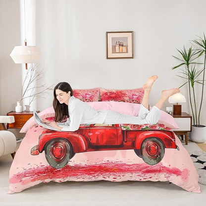 Valentine's Day Duvet Cover Set Queen Size,Red Truck Heart Tree Bedding Set for Kids Girls Women Couple Room Decor,Pink Rose Flowers Trailer Comforter Cover Romantic Gifts Quilt Cover 3pcs