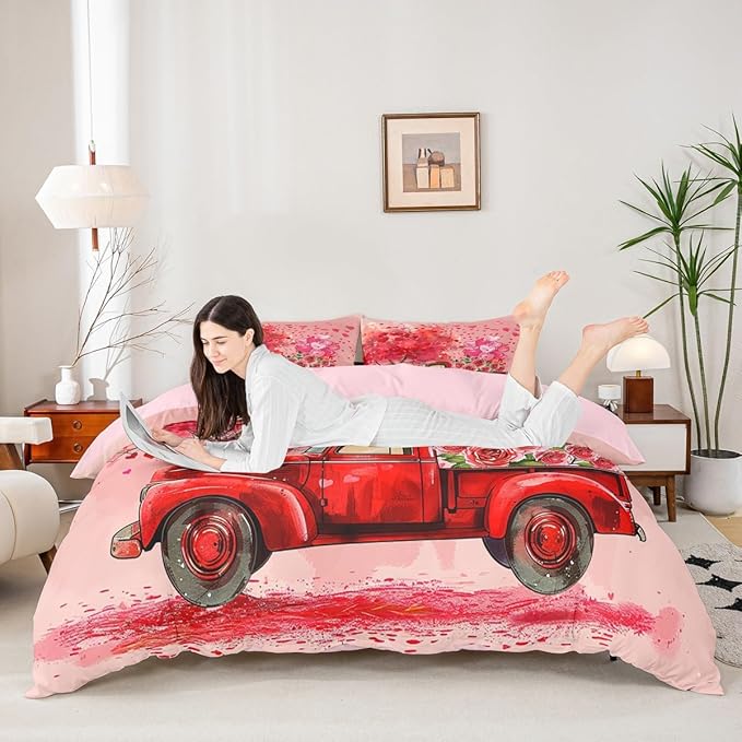 Valentine's Day Duvet Cover Set King Size,Red Truck Heart Tree Bedding Set for Kids Girls Women Couple Room Decor,Pink Rose Flowers Trailer Comforter Cover Romantic Gifts Quilt Cover 3pcs