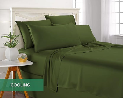 Pure Bamboo Split King Sheets, Genuine 100% Organic Viscose Derived from Bamboo Bed Sheet Set, Soft & Cooling, Double Stitching, 2 Fitted Sheets (Split King, Pesto)