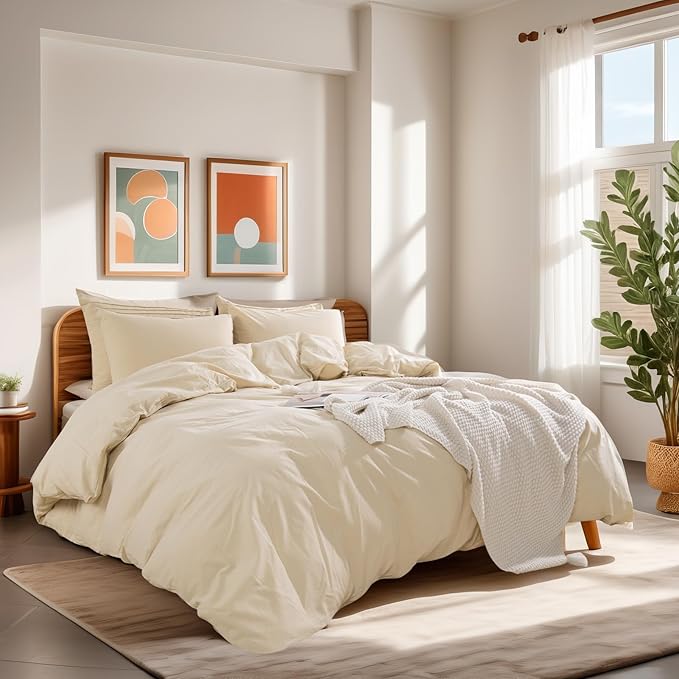 NEXHOME PRO Duvet Cover King 100% Washed Cotton, Breathable, Durable, Textured, Linen Like, Home Bedding Set 104"x90"