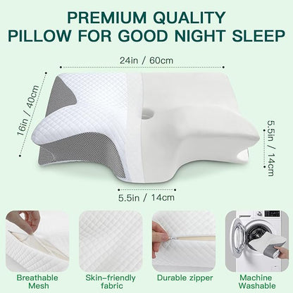 Memory Foam Cervical Pillow, 2-in-1 Ergonomic Neck Support Pillow with Armrest & Ear Hole, Contour Orthopedic Bed Pillow for Pain Relief, Adjustable Height for Side, Back & Stomach Sleepers
