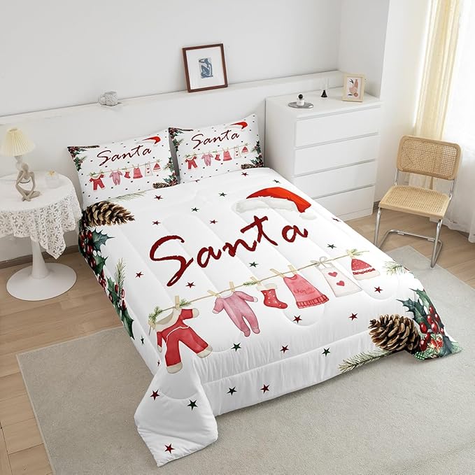 Erosebridal Cartoon Santa Claus Comforter Set for Kids Boys Girls,Merry Christmas Bedding Set Twin,Christmas Down Comforter,Happy New Year Reversible Bed Set with 1 Pillowcase Warm