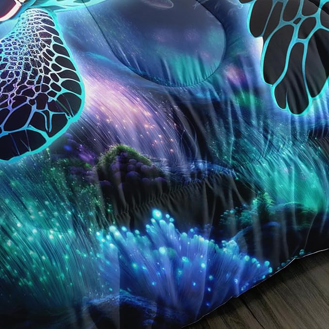 Sea Turtle Comforter Kids Bedding Set Twin Size,Glowing Waterweed Moon Flash Print Comforter Set for Kids Teens Boys Girls Room Decor,Nautical Reptile Animal Bedding Set with 2 Pillowcases.