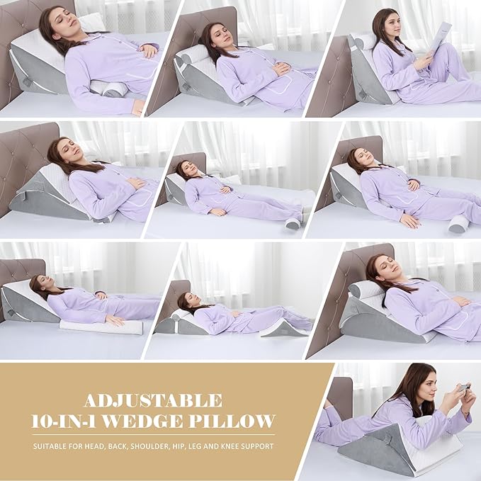 Bed Wedge Pillow for Sleeping, Adjustable Wedge Pillow Set for After Surgery, Elevated Triangle Pillow for Acid Reflux and Back Pain Relief, Post Surgery, Sleep Apnea, Back Suppor