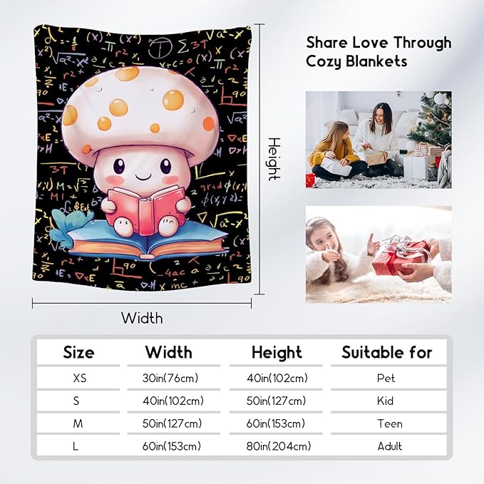 Girls Blankets - Mushroom Blanket Gifts - 50x60 Inch Cute Cozy Soft Flannel Reading Throw for Couch, Office Bed