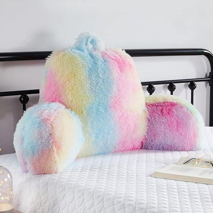 Reading Pillow for Bed - Faux Fur Backrest Pillow with Arms, Reading & Bed Rest Pillows Rainbow Colors, Fluffy Sit Up Pillow, Study Pillow for Kid, Tween, Teens & Adult Girls