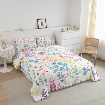 Erosebridal Colorful Flower Comforter Set Full Size,Cute Boho Blue Floral Bedding Set for Kids Girls Boys Room Decor,Rustic Wildflower Quilt Bed Set Watercolor Flowers Bed Comforter Set 3Pcs