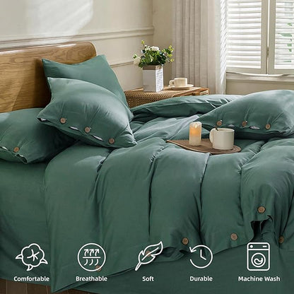 JELLYMONI Cotton Duvet Cover Cal King Size - Dark Green Comforter Cover with Button 100% Washed Cotton 3PCS Breathable Soft Solid Bedding Set Duvet Cover 104×98in & 2 Pillowcases (NO Comforter)