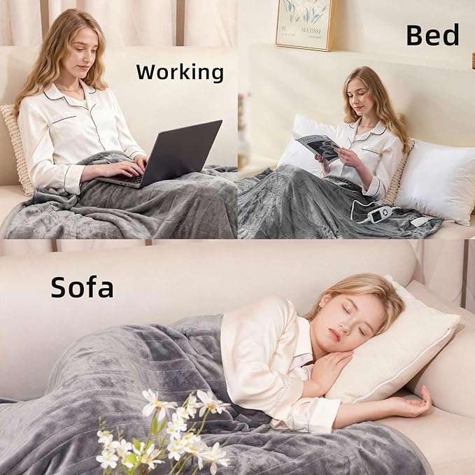 RAINOVA Heated Blanket Electric Throw, Electric Blanket-72''x84'', Soft Flannel Heating Blanket, 10-Level Heating, 10-Hour Auto-Off, Gifts for Parents and Elders, Gray, ETL & FCC Certified