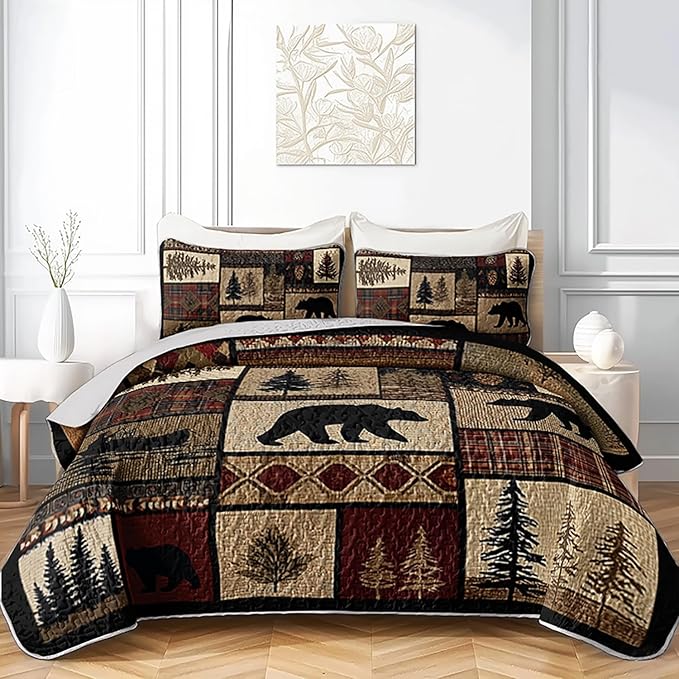 Rustic Black Bear Quilt Bedding King 3Pcs Natural Forest Wild Hunt Animal Bear Canoe Bed Set Retro Tree Grid Pattern Bedspread Coverlet with 2 Pillowcases for Kid Boy Girl Teen Adult Bed Decor