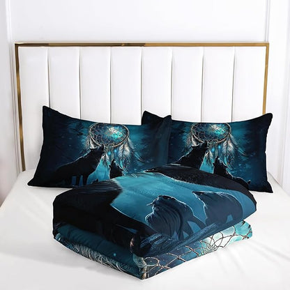 Dreamcatcher Wolf Comforter Set Full Size for Kids Teens and Adults Moonlight Forest Wolf Printed Quilt Set for Bedroom Soft Microfiber Print Quilt Set with 1 Comforter and 2 Pillowcases