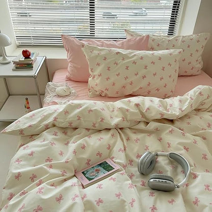 Pink Bow Duvet Cover Queen Size Bowknot On White Duvet Cover Set Kids Boys Girls 3 Pieces Cute Princess Style Bows Pattern Ultra Soft Reversible Bedding Set with 2 Pillowcases