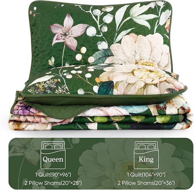 Drucon Floral Quilt Queen Size - 3 Pieces Green Quilt Botanical Bedspread Soft Lightweight Flower Bedding Set for All Season (96"x90")