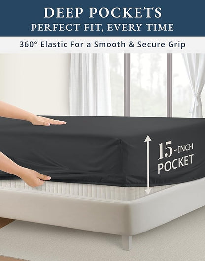 LANE LINEN 100% Egyptian Cotton Queen Sheets, Long Staple Mercerized Cotton No Pill Fade Resistant Silky Sateen Weave for Soft & Comfy Good Night Sleep, Deep Pocket Fits 15" Mattress - Moonless Night