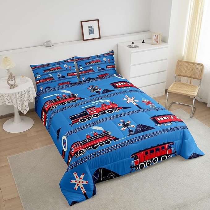 Erosebridal Boys Train Full Comforter Set Cartoon Car Toddler Bedding Set, Traffic Transportation Track Comforter for Kids Teens Red Blue Steam Engine Railway Decor Quilt Set Room 3Pcs