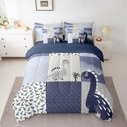 Feelyou Cute Dinosaur 7 Piece Bedding Set Dark Blue Dinosaur Comforter Set with Sheets Twin Size for Kids Boys Girls Geometric Pattern Bed in a Bag Animal Theme Bed Set Soft Lightweight