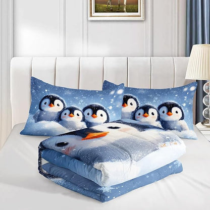 Penguin Comforter Set Queen Size,Antarctic Animal Kawaii Penguin Bedding Sets for Kids Boys Girls Room Decor,Cute Winter Snowflake Pattern Bedding Sets with 2 Pillowcases.