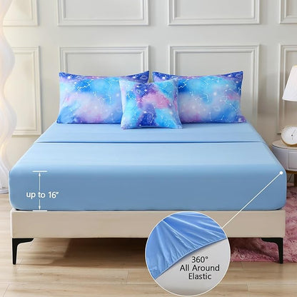 Galaxy Constellation Print Comforter Set Full Size Girls Gradient Bedding Set,6 Piece Bed in a Bag with Sheet Bedding Gift for Kids(Blue)