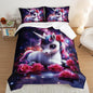Girls Unicorn Full Size Bedding Set,Red Rose Flowers Comforter Set for Kids Teens Room Decor,Romantic Starry Sky Galaxy Cute Bedding Sets with 2 Pillowcases.