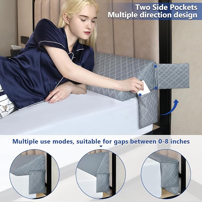 Kayfia Full Size Pillow Wedge for Headboard Gap Bed Gap Filller (0-8") Mattress Space Filler Pillow Stopper with 2 Side Pocket Triangle Foam Pillow Wedge Between Headboard Mattress (Grey, 54"x10"x6")