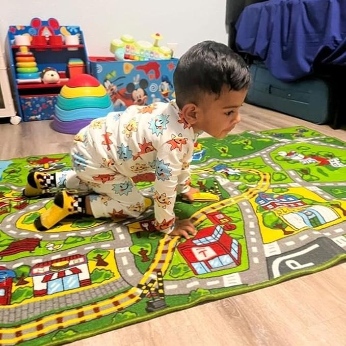 Booooom Jackson Car Rug with Exquisite Box,Washable Rug Kids Area Rug Play Mat 60"x32",Train Track Car Mat,Children Non Slip City Road Floor Carpet for Playroom Bedroom Kids Room