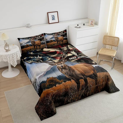 Deer Hunt Comforter Set King Size American Flag Bedding Set 3pcs for Kids Boys Teens Men Bedroom Decor Skull Antlers Nature Animals Quilt Set Rustic Retro Duvet Insert,2 Pillowcases
