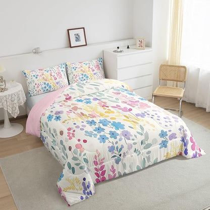 Erosebridal Colorful Flower Comforter Set Queen Size,Cute Boho Blue Floral Bedding Set for Kids Girls Boys Room Decor,Rustic Wildflower Quilt Bed Set Watercolor Flowers Bed Comforter Set 3Pcs