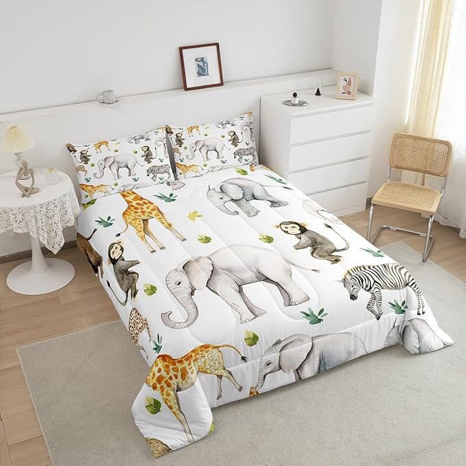 Castle Fairy Wild Animal Theme Comforter Set Full Size Monkey Elephant Giraffe Bedding Set Bedroom Decor Tropical Wildlife Quilt Set for Kids Boys Girls Green Leaves Duvet Insert 3Pcs