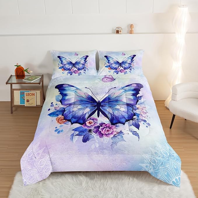 HOSIMA Floral Purple Butterfly Comforter-Soft Microfiber,Fantasy Butterfly Aesthetics Queen Size Bed in a Bag for Kids Girls Teens Women,Mandala Preppy Bedding 3Piece with 2 Pillow Shams.