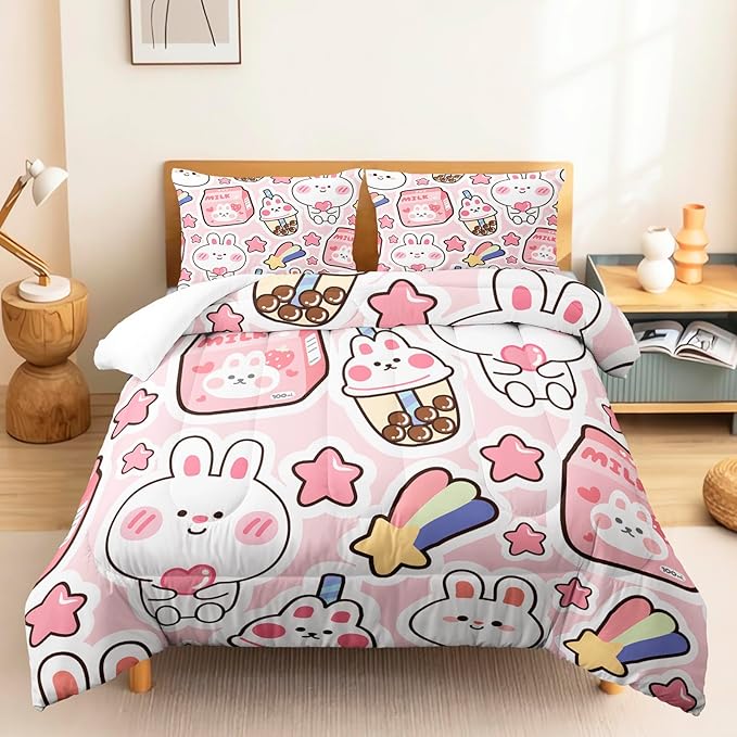 CVHOUSE Kawaii Rabbit Bedding Set for Girls - Twin Size, Includes Cute Rabbit Comforter, Duvet, and Quilt - Perfect for Kids' Room Decor