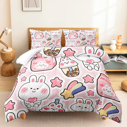 CVHOUSE Kawaii Rabbit Bedding Set for Girls - Twin Size, Includes Cute Rabbit Comforter, Duvet, and Quilt - Perfect for Kids' Room Decor